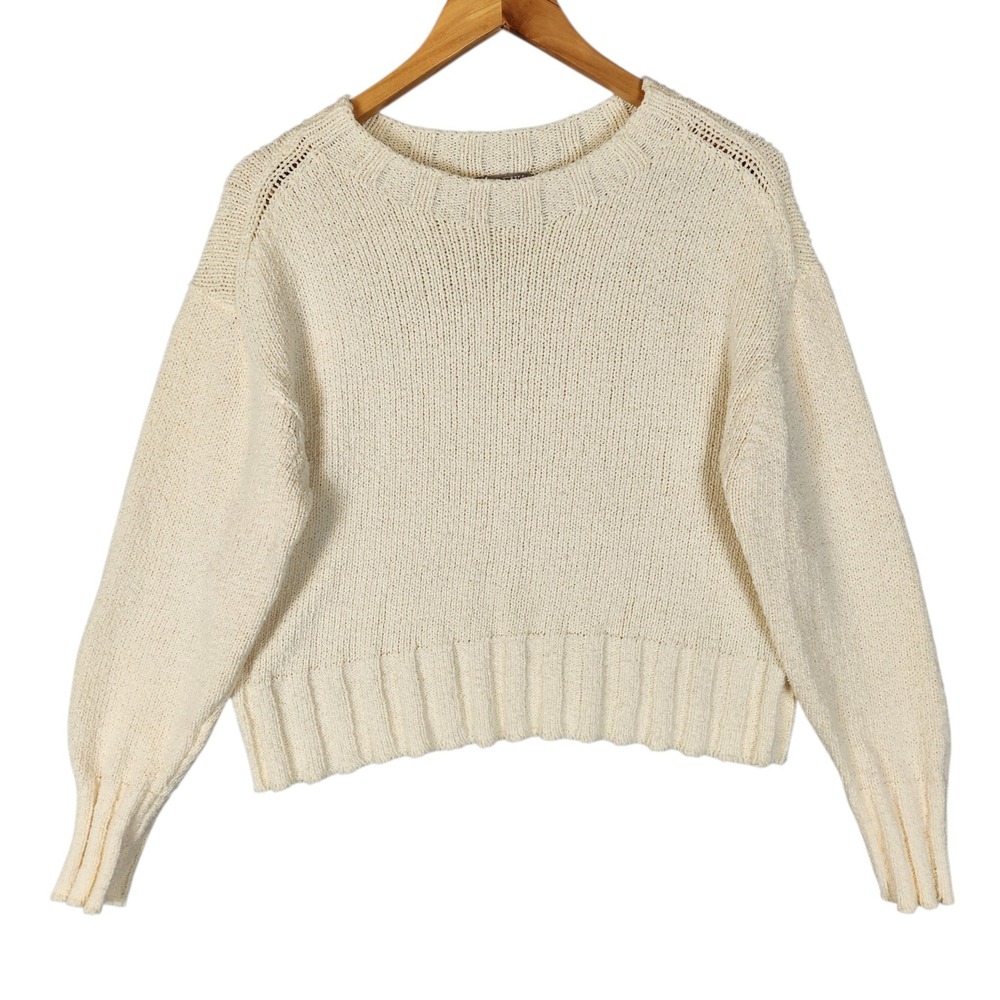J. Crew Relaxed Crewneck Sweater Women's M Cream Cropped Relaxed Boxy Cotton - Picture 1 of 8